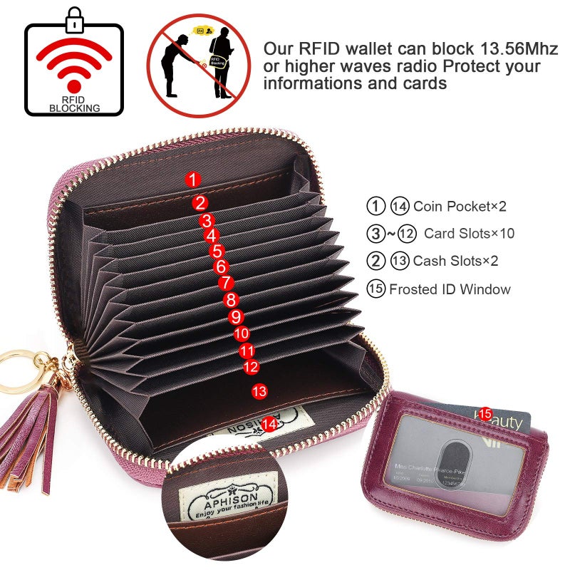 APHISON RFID Credit Card Holder Zipper Card Case Keychain Small Wallet for Women 1927 PURPLISH-RED - Image 3